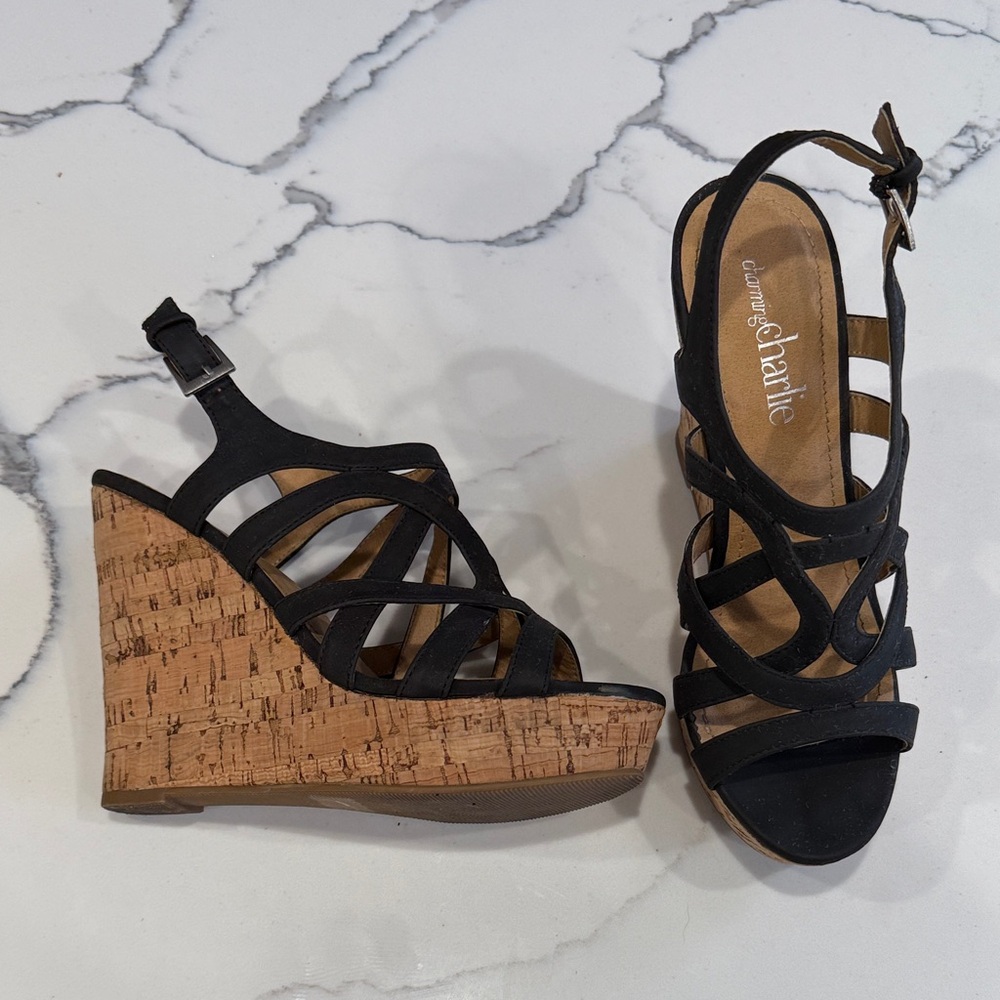 Charming Charlie Black and Tan Wedge Sandals